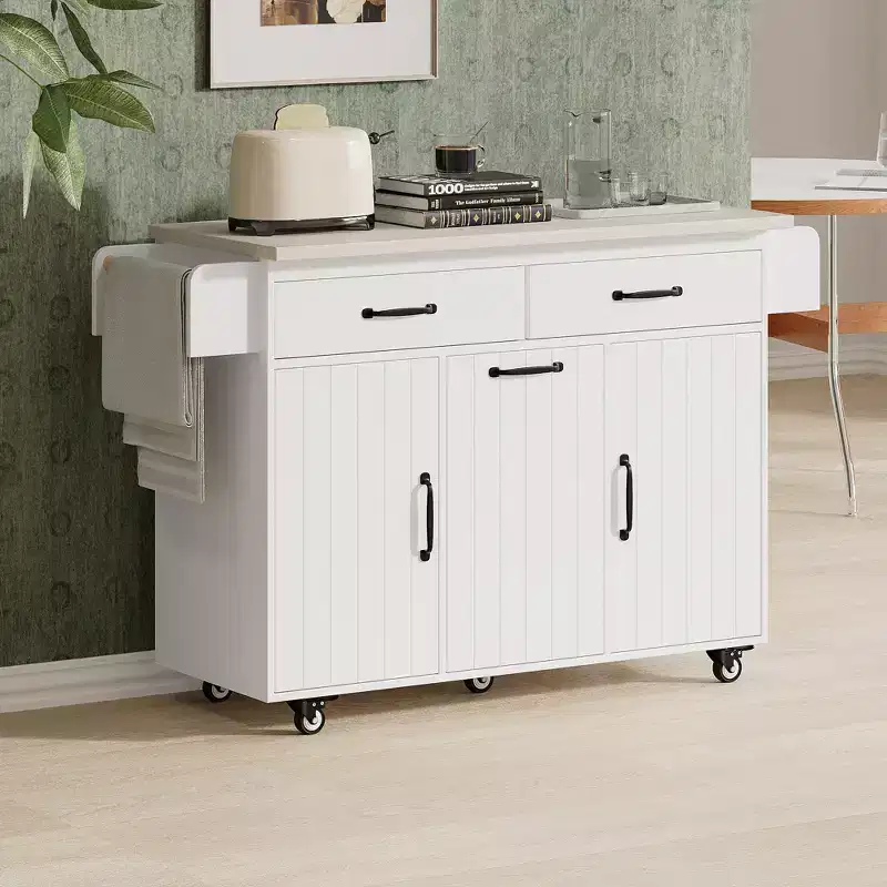 Rolling Kitchen Island Cart with Trash Can Storage, Drop Leaf, Spice Rack, Towel Rack, Drawer & Adjustable Shelf – 35