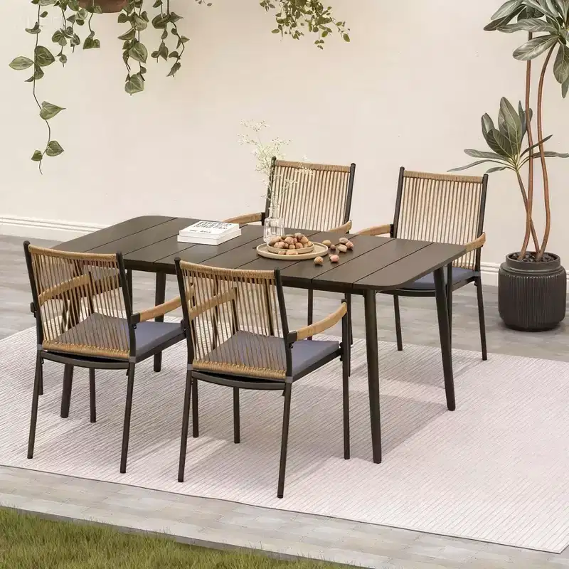 LAUSAINT HOME Outdoor Dining Set, Outdoor Table and Chairs Set with Umbrella Hole