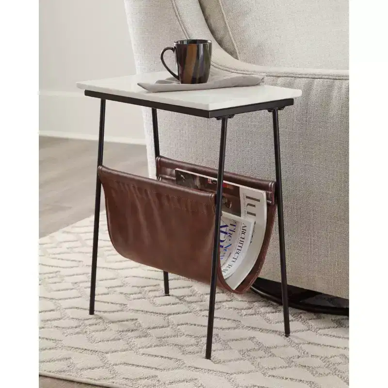 Etanbury Side Table Brown/Black/White - Signature Design by Ashley: Marble Top, Faux Leather Magazine Holder