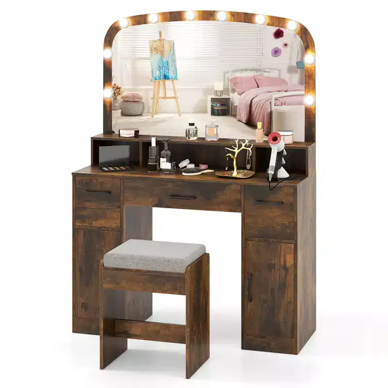 Costway Vanity Desk Makeup Table with with Stool Large Mirror 3-Color Lights for Bedroom Brown/White