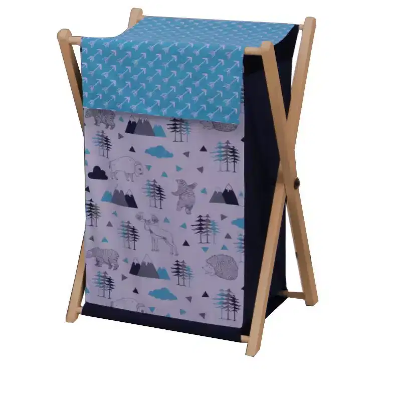 Bacati - Woodlands Aqua/Navy/Gray Boys Laundry Hamper with Wooden Frame