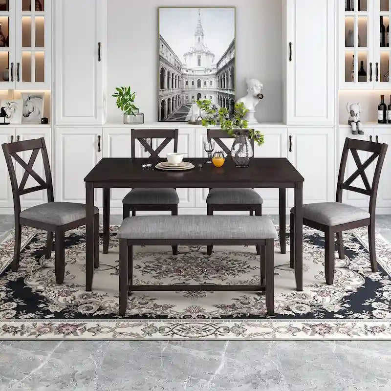 6-Piece Wooden Kitchen Dining Table Set with 4 Chairs and Bench