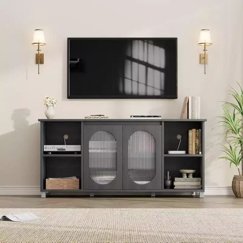 TV Cabinet for up to 70 Inch TV, Rustic TV Stand with Corrugated Glass Doors & Open Shelves for Living Room