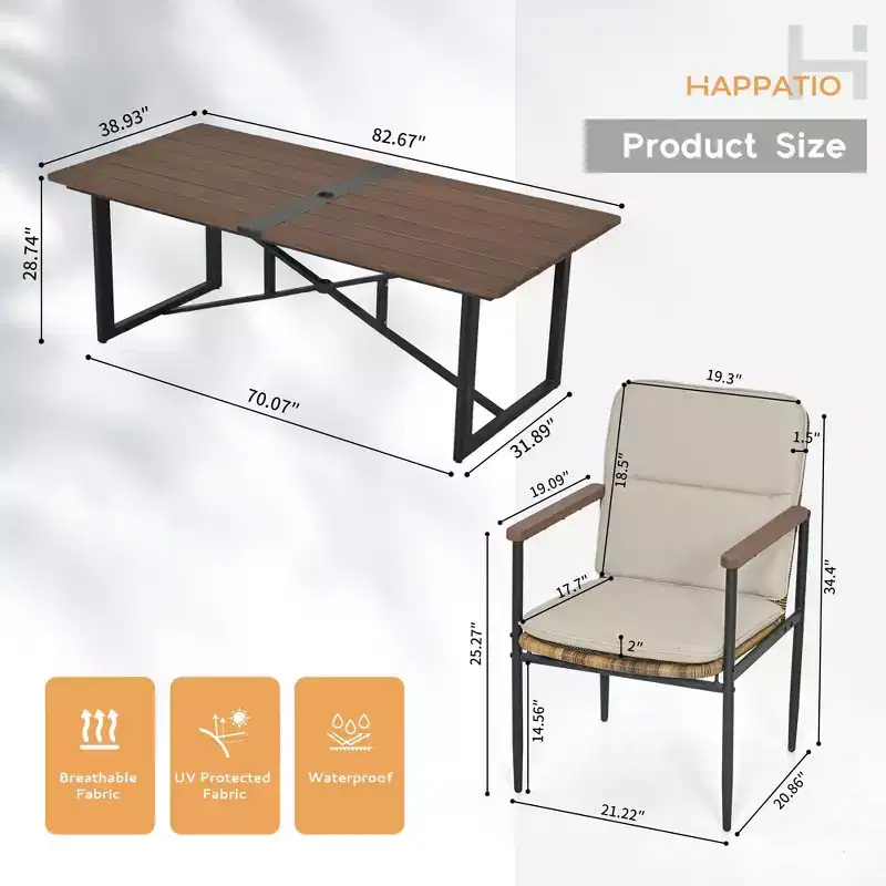 HAPPATIO 9 Piece Patio Dining Set, 8 Wicker Chairs with Aluminum Frame and Olefin Cushions, Wooden Dining Table with Umbrella Hole for Backyard Porch