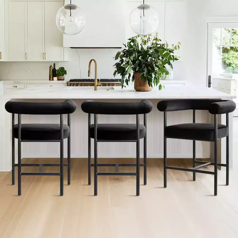 Set of 3 Luxury Velvet Counter Stools with Arms, 24 Wide Seat Modern Bar Chairs for Large Kitchen Island - Panipeachy