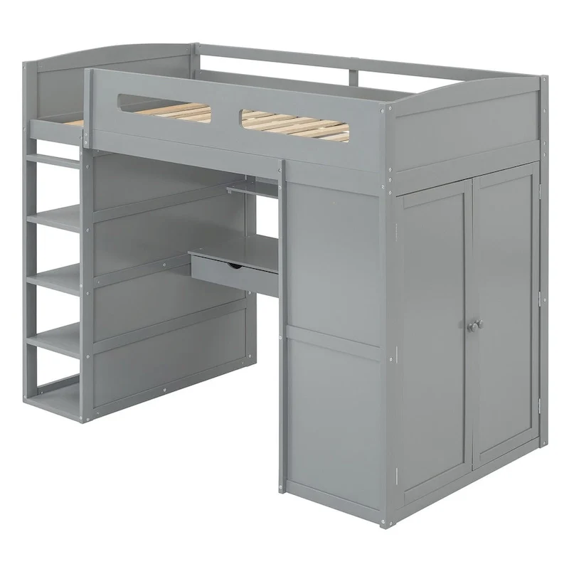 Loft Bed with Desk, Wardrobes, 4 Drawers and 4 Shelves