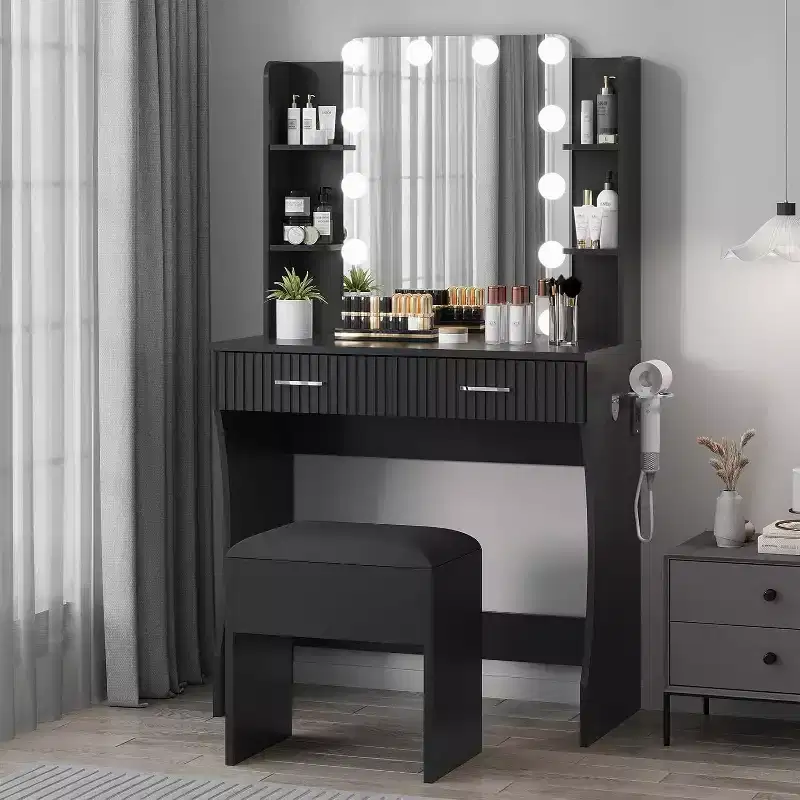 Makeup Vanity Desk with Mirror and 12 LED Lights, White Vanity Table with Power Outlet, Modern Dressing Table Furniture for Bedroom