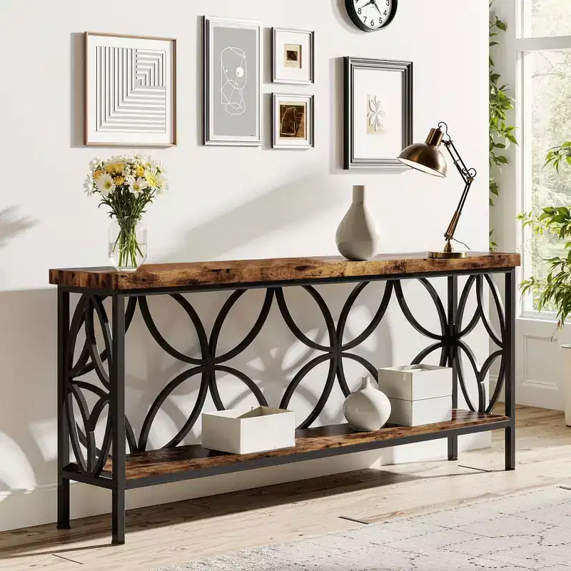MAYEERTY 2-Tier Console Table High-Grade Particle Board Steel 198Lbs Capacity Adjustable Foot Pads