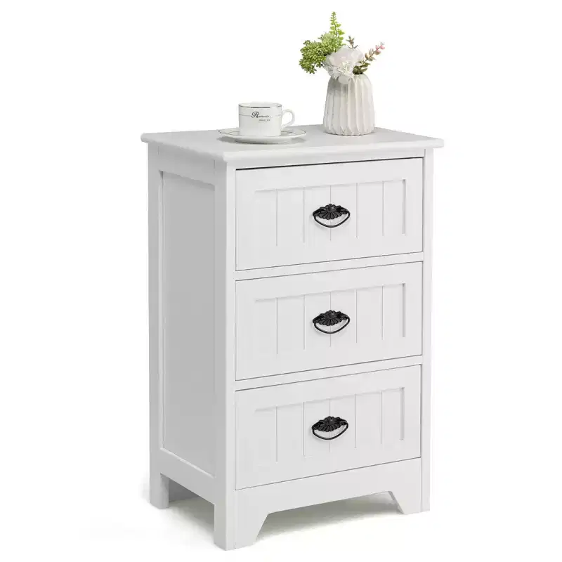 Costway End Table Nightstand Bedroom Storage w/ 3 Drawers & Wood Slide White