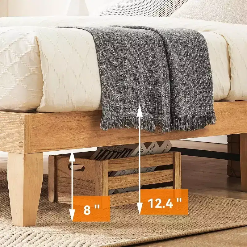 Rattan Bed Frame with Natural Headboard, LED Lights, Solid Wood Slats, Storage Space, No Box Spring Needed