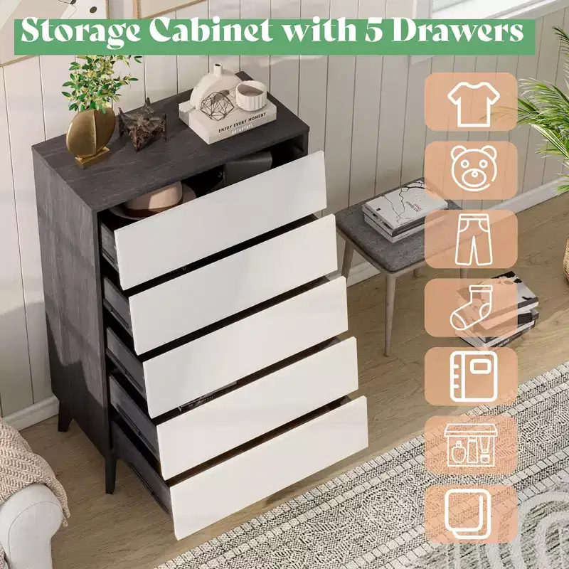 Mid-Century 5 Drawers Dresser, Tall Wood 5 Drawers Storage Closet Chest Organizer of Drawers