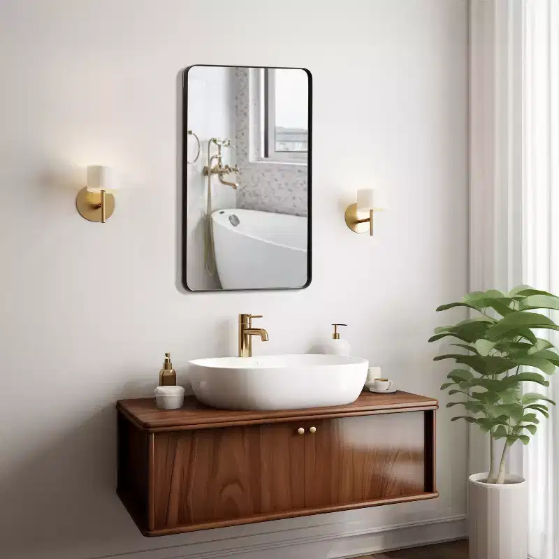 Basicwise Plastic Medicine Cabinet with Beveled Mirror Door, Round Metal Frame, Surface or Recessed Mount, Wall Vanity Cabinet W/ 2 Adjustable Shelves