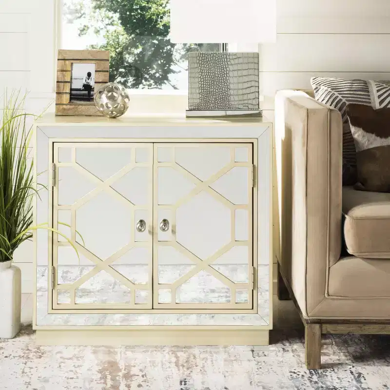 2-Door Chest Cabinet, Champagne & Mirror Finish, Acacia & MDF, 31.9