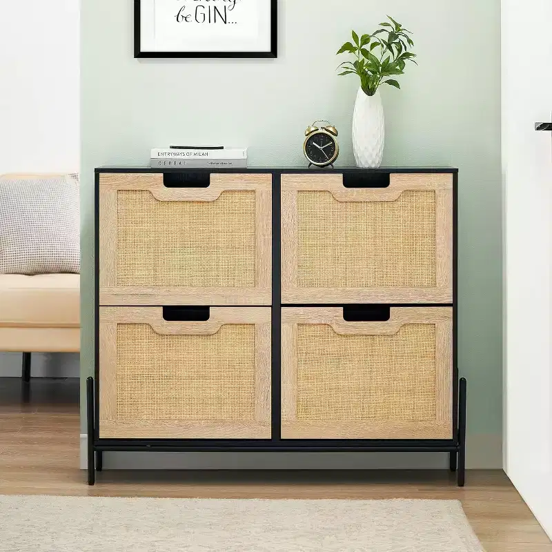 Woven Shoe Cabinet - 4-Door Rack with Adjustable Shelves, Rustic Entryway Organizer for Hallway