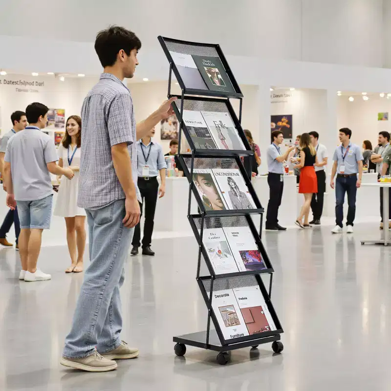 Brochure Display Rack, Foldable 5 Pockets Magazine Literature Display Stand, Movable Floor Standing Magazine Rack with Wheels, Black