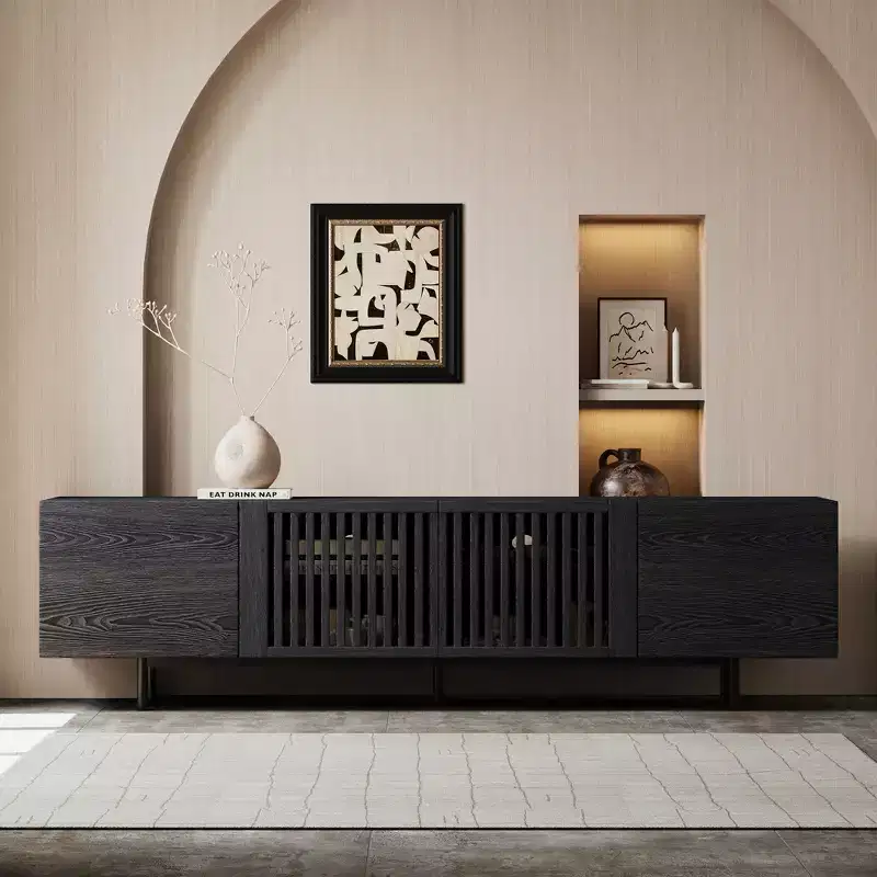 Luck Live Mid-Century Modern Black TV Stand with Adjustable Shelves, Soft-Close Hinges & Cable Management, 70.87 Media Console for Living Room