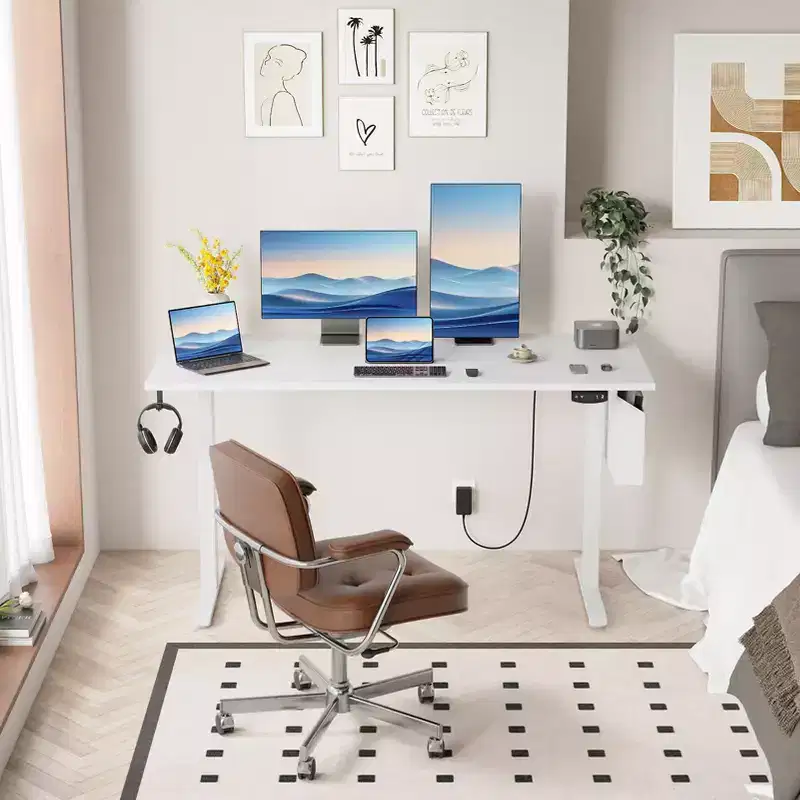 Electric Height Adjustable Standing Desk Sit to Stand Computer Desk with Storage Bag Memory Presets Ergonomic Home Office Workstation 55 Inch White