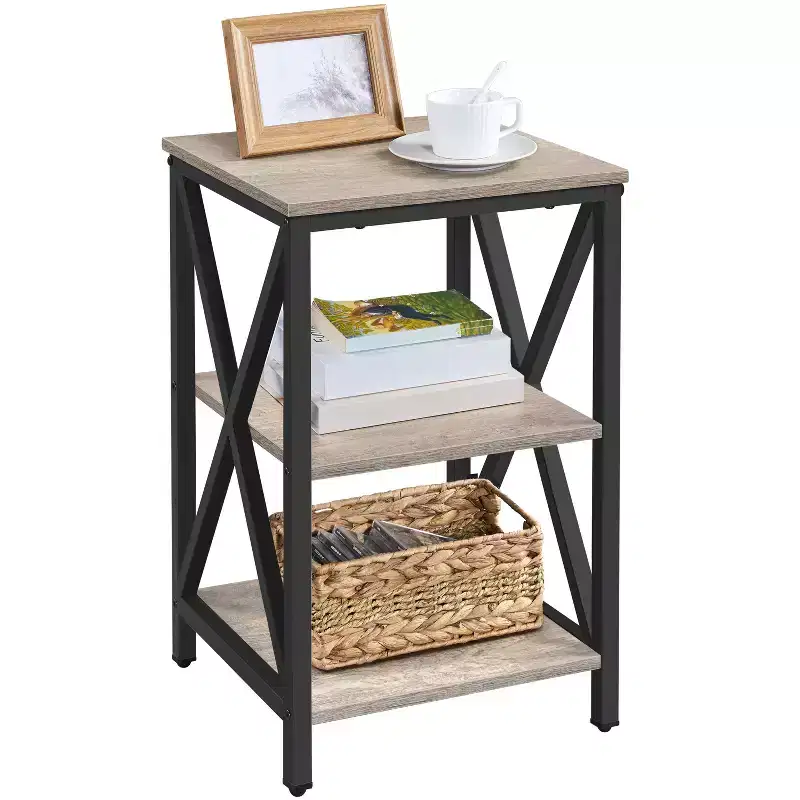 3-Tier Side End Table – X-Shape Metal Frame, 3 Shelves, Industrial Style