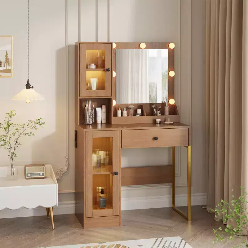 Modern Makeup Vanity Desk with Mirror, 2 Acrylic-Door Cabinets, 2 Open Shelves, Drawers, for Bedroom