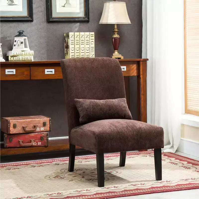 Modern Accent Chair with Pillow & Chenille Upholstered Lounge Armless Chair with Solid Wood Legs Comfy Chair for Living Room Bedroom