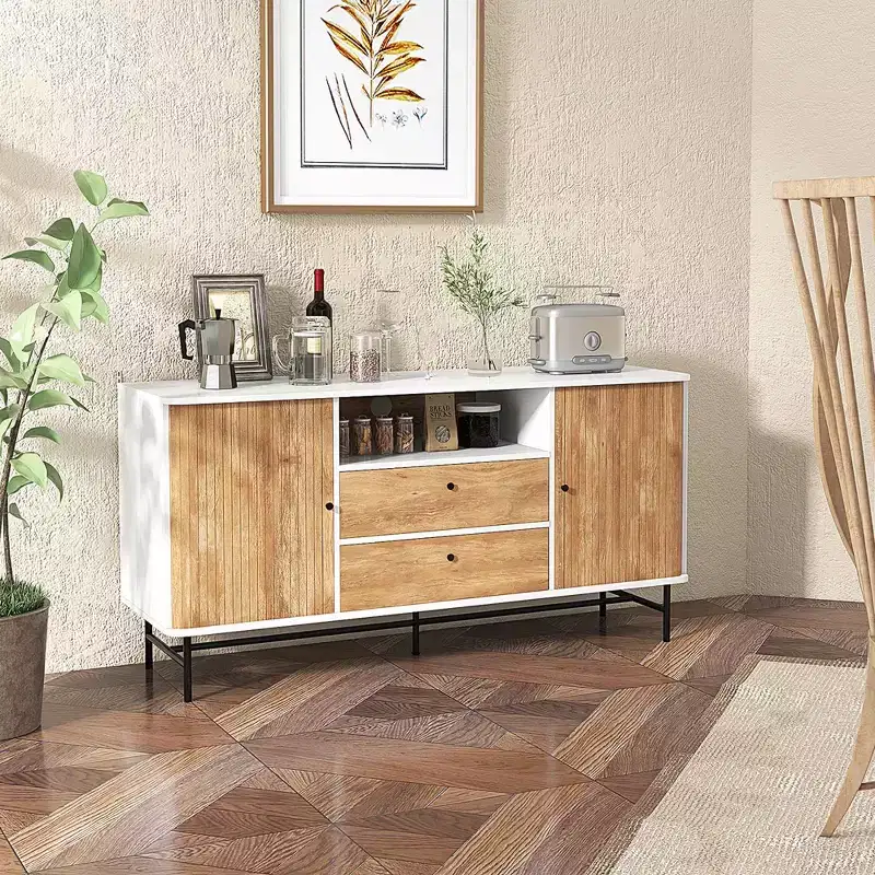 Buffet Sideboard TV Stand with Sliding Tambour Doors and 2 Storage Drawers