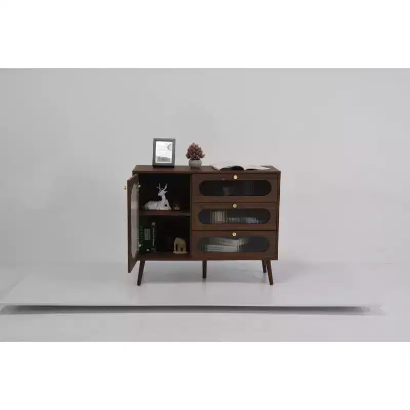 Accent Cabinet with 3 Drawers and Glass Door, Wooden Storage Cabinet with Shelves, Sideboard for Living Room, Entryway