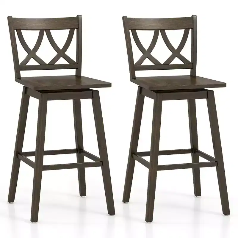 Set of 2 29-Inch Swivel Bar Stools with Rubber Wood Frame and Ergonomic Backrest