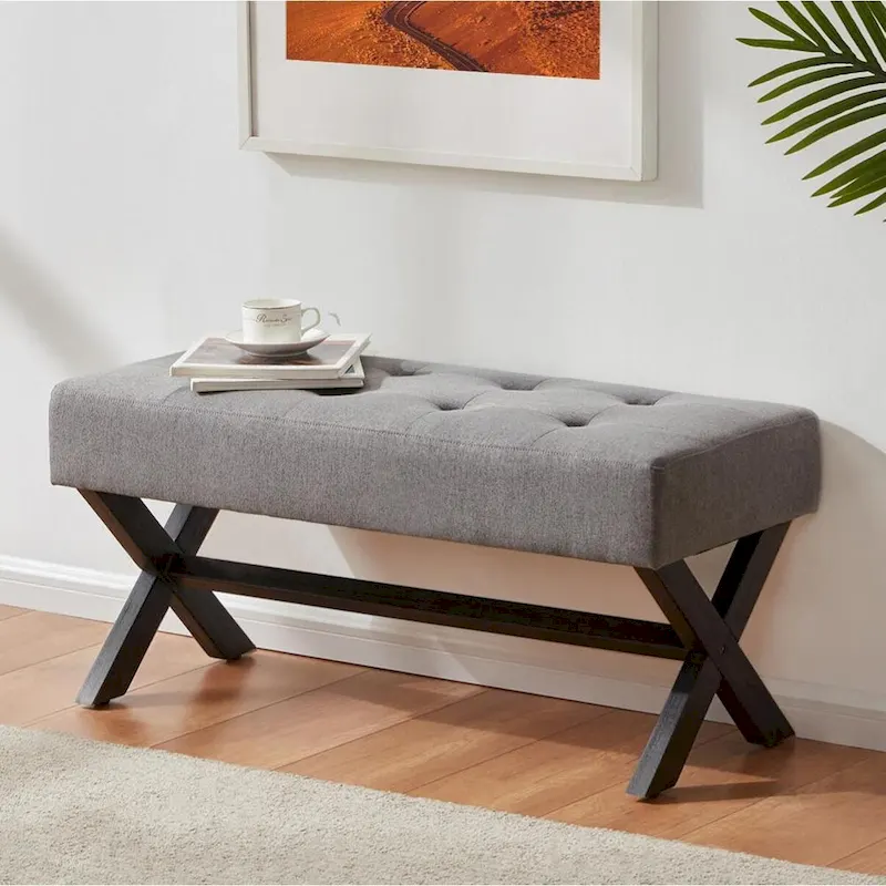 Fabric Entryway Bench Beige/ Grey/ White Upholstered Bench with X-Shaped Legs, 35-inch