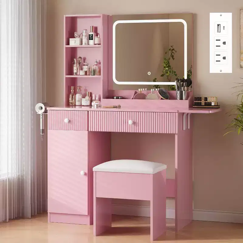 CuisinSmart Makeup Vanity Set, Makeup Desk with 3 Lighting Modes, Drawers & Storage Shelves, Storage Stool, Dressing Table for Bedroom