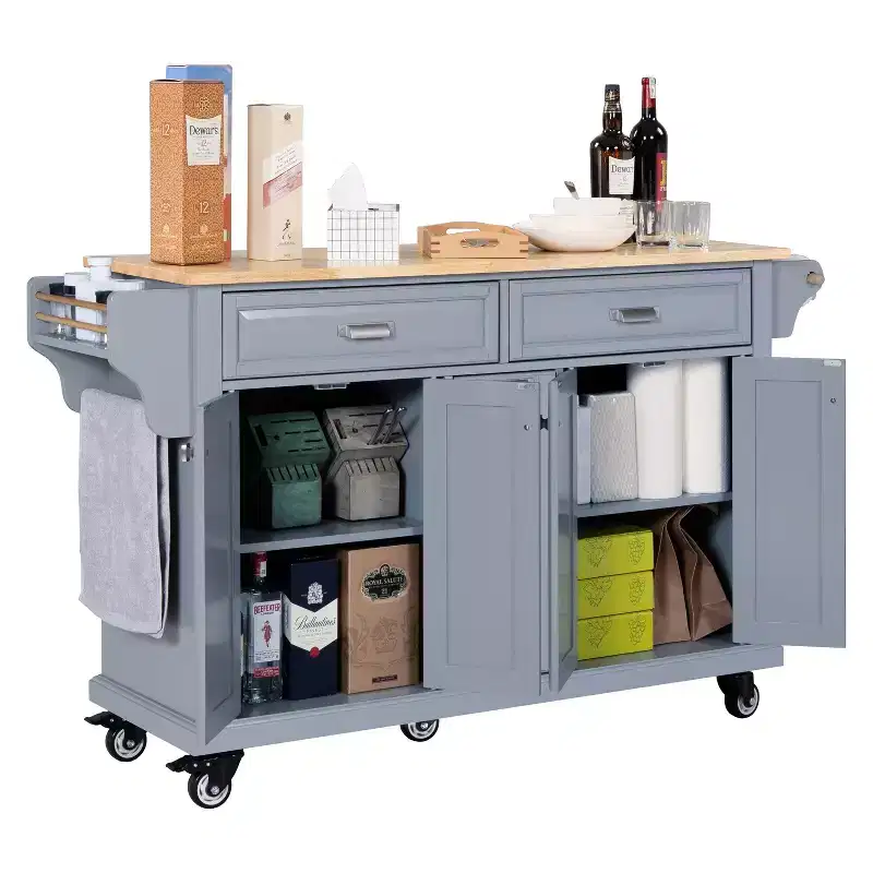 Okak Kitchen Island With Storage and Rubber Wood Countertop, 5 Wheels Kitchen Cart with Ample Storage, Countertop Organizer for Dining Room