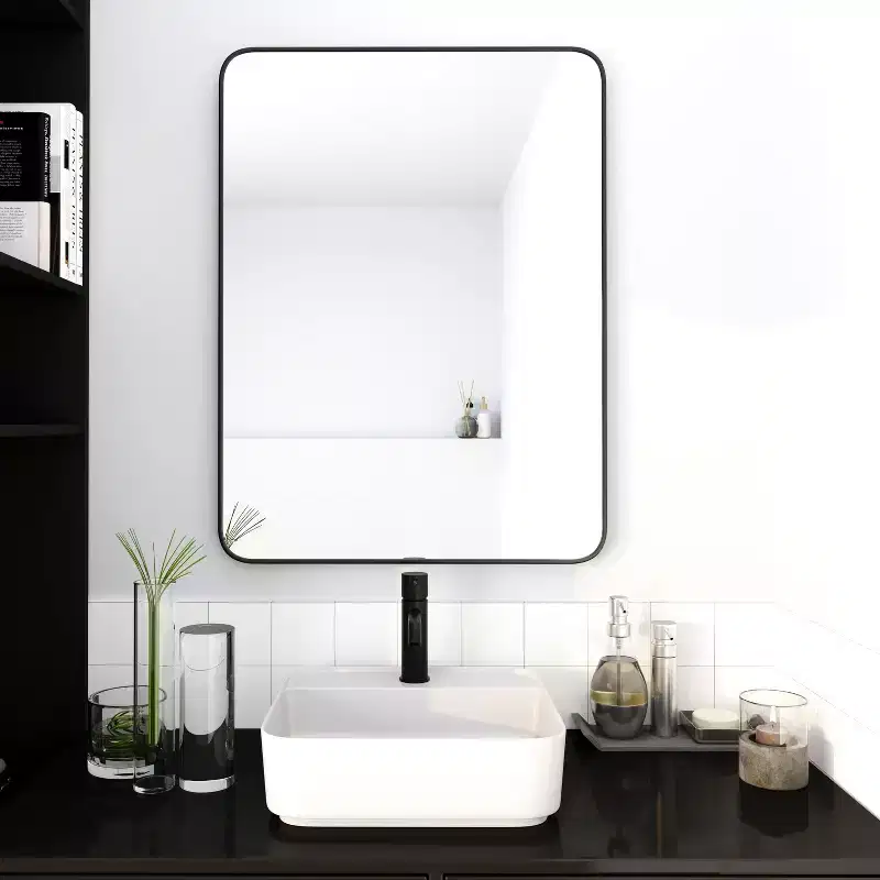 Okak 24X32IN Bathroom Mirror with Aluminum Frame, Retangular Vanity Mirror with Round Corner, Wall Mirror for Bathroom, Living Room, Black