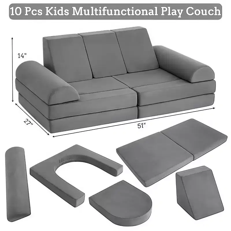 GustoWave Upholstered Velvet 10 pcs Modular Kids Couch Set, Foam Play Sofa for Toddlers, Convertible Children's Playroom Furniture, Gray