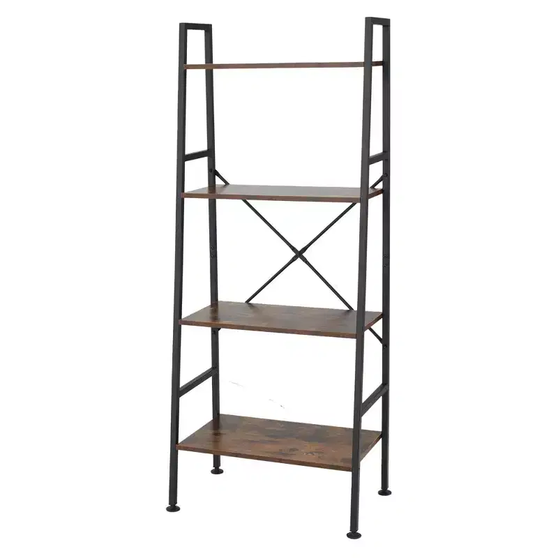 Rustic Modern 4-Tier Wood and Steel Bookshelf Storage Organizer Shelf