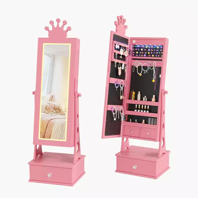 Kids Jewelry Armoire Cabinet, Standing Jewelry Organizer with Full-Length Mirror, 3 Storage Drawer, Vanity Dress Up Mirror Jewelry Cabinet for Girls