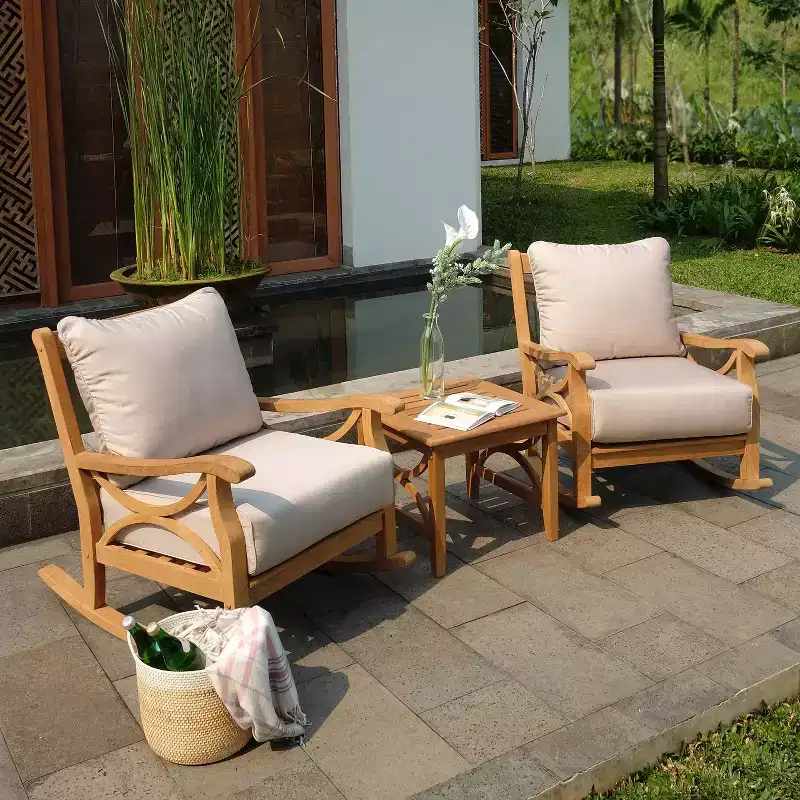 Sonoma Lane Alamo 3pc Teak Outdoor Rocker Conversation Set – Weather-Resistant with Zippered Beige Cushions and Side Table