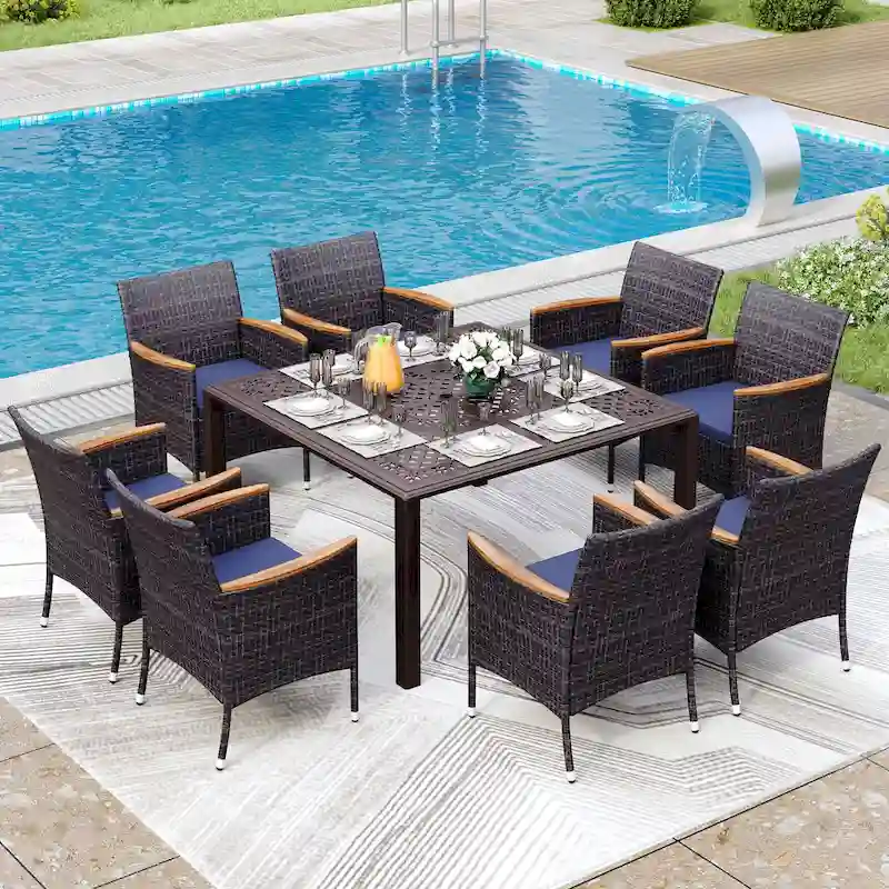 9 Pieces Patio Dining Set Outdoor Rattan Wicker Dining Furniture Set with Umbrella Hole