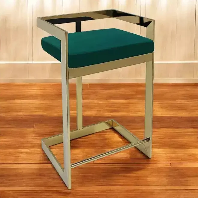 26 Green and Gold Velvet and Stainless Steel Backless Bar Height Bar Chair