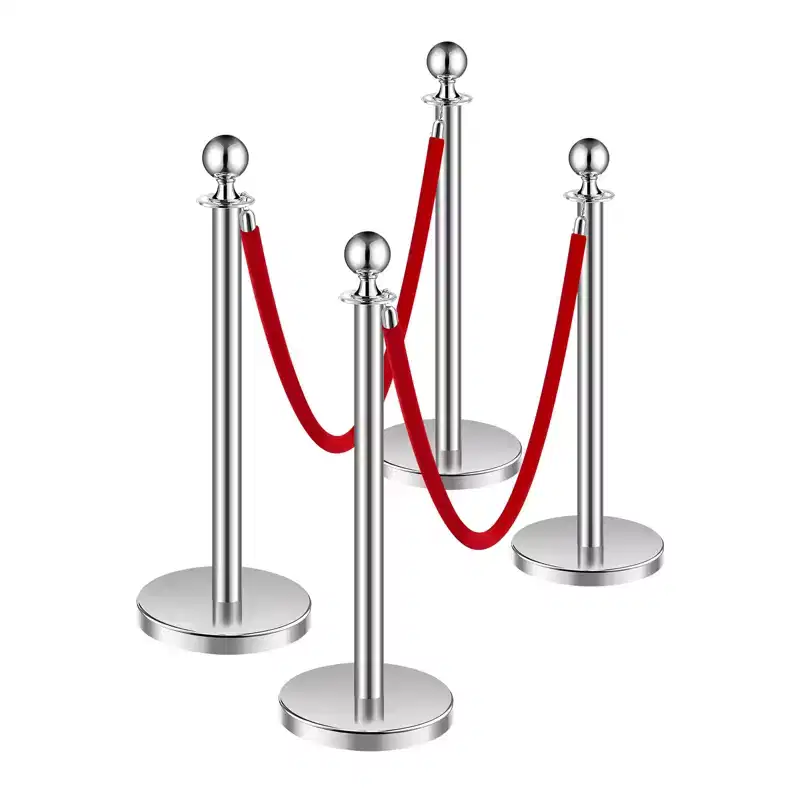 VEVOR Stanchions and Velvet Ropes 4Pcs, Hollow Base with Stainless Steel Post, 2 Red Velvet Ropes and Posts, Crowd Control Barriers Stanchions,Silver