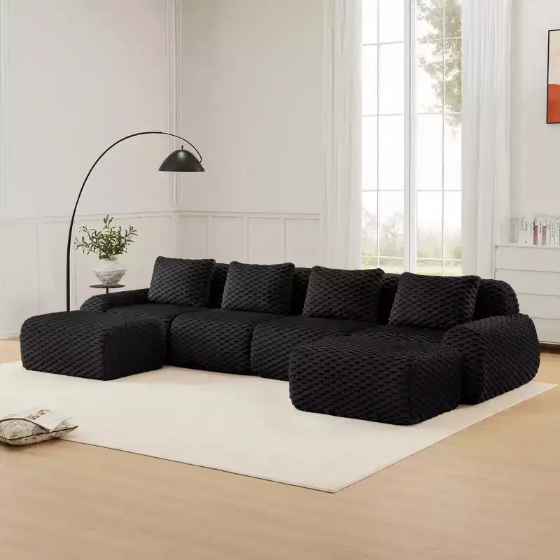 146 U-Shaped Modular Sofa Flannelette 4-Seater Ottoman Buckle No Assembly Black