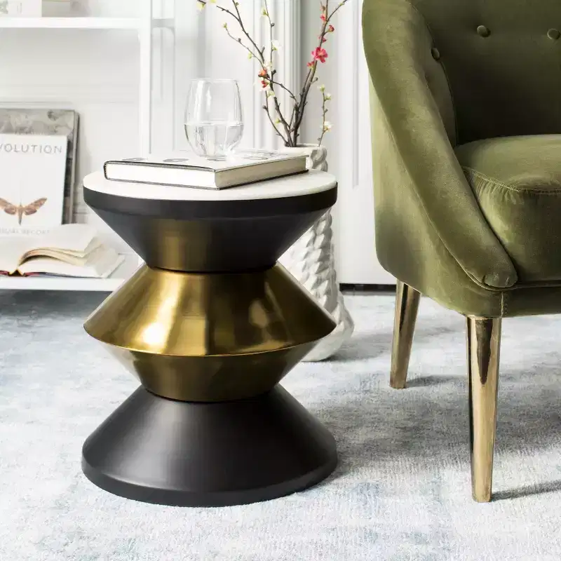 Round Stone Top Side Table with Black & Gold Hourglass Base, Modern Sculpture Accent