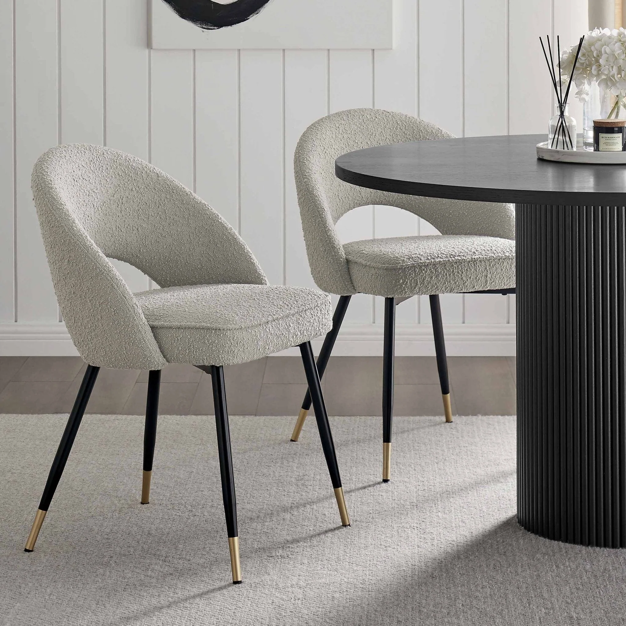 Contemporary Taupe Boucle Dining Chair with Curved Back for Dining Room