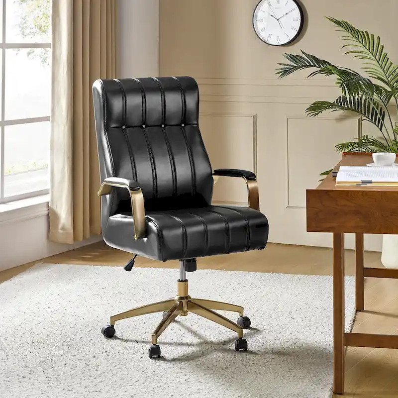 Mid-Century Modern Vegan Leather Swivel Tilting Office Chair with Channel Tufted and Metal Feet