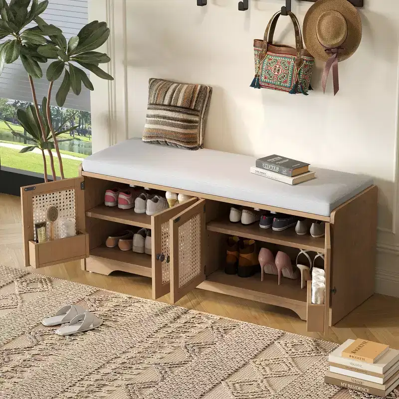 Rustic Storage Wood Shoe Bench Multifunctional with Removable Cushion, Woven Rattan Doors & Adjustable Shelves