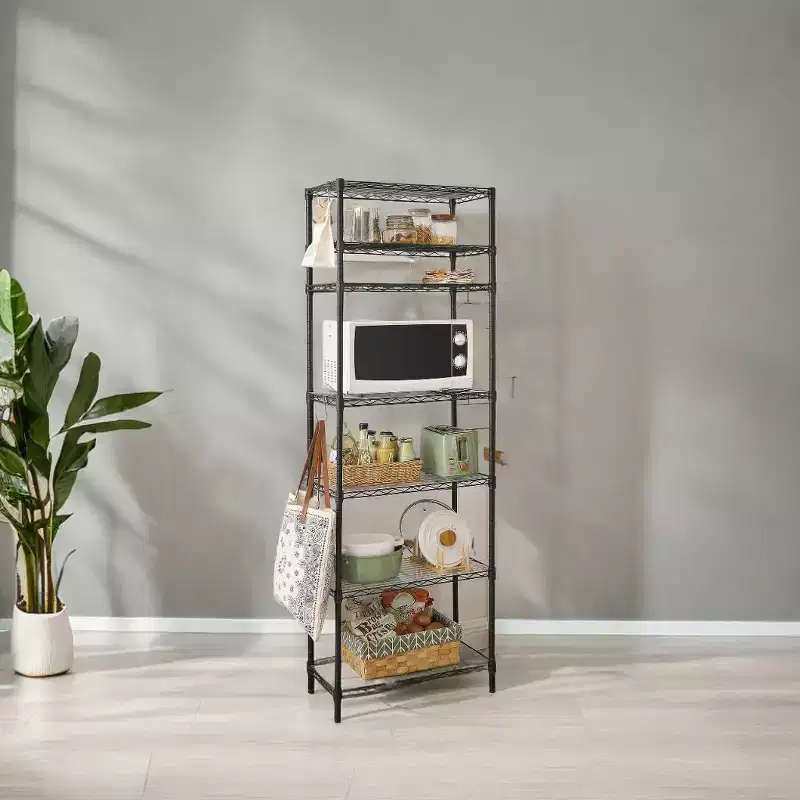7-Tier Wire Shelving Unit with Adjustable Shelves, Liners & 8 Hooks, Black, 23.2x70.9in