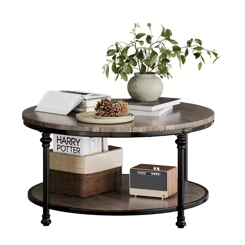 Round Coffee Table, 2 Tier Wooden Coffee Table with Metal Frame, Vintage Rustic Circle Coffee Table with Storage