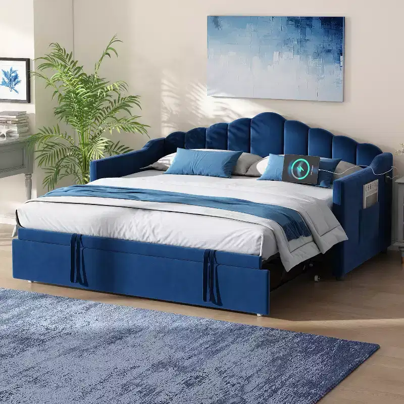 Twin Size Upholstered Daybed with Adjustable Height Pop Up Trundle, Extendable Sofa Bed with Charging Port and Side Pockets for Bedroom, Blue