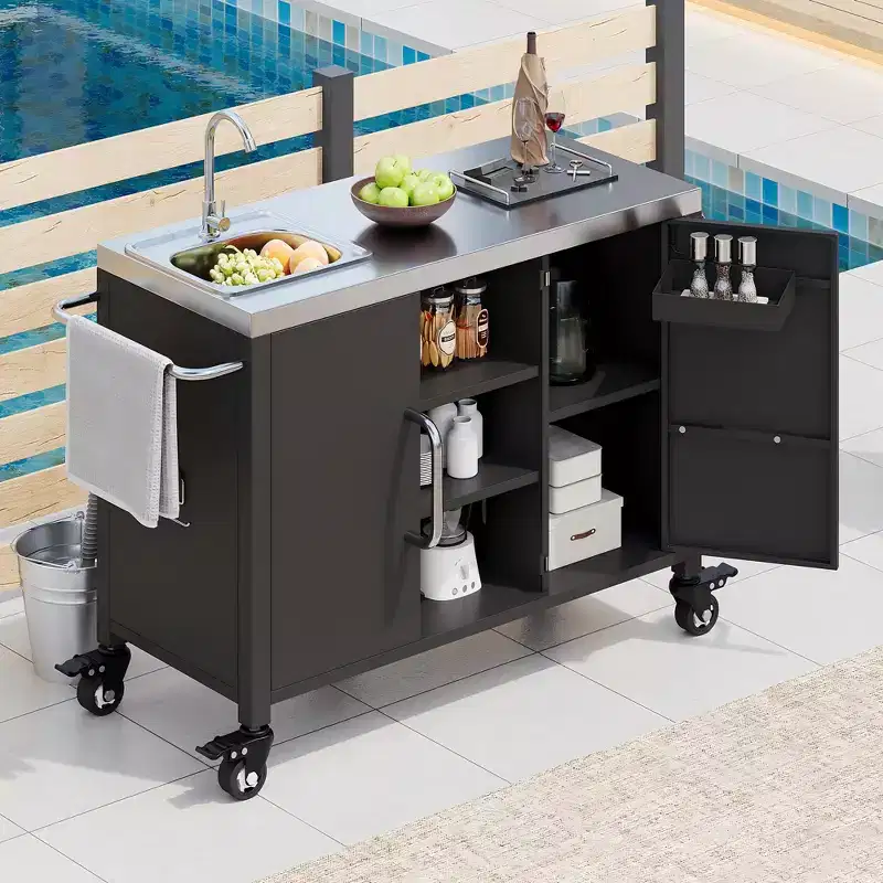 55.5 Outdoor Kitchen Island with Sink, Stainless Steel Prep Table with Spice Rack & Lockable Wheels, BBQ Grill Cart Station, Black - ModernLuxe