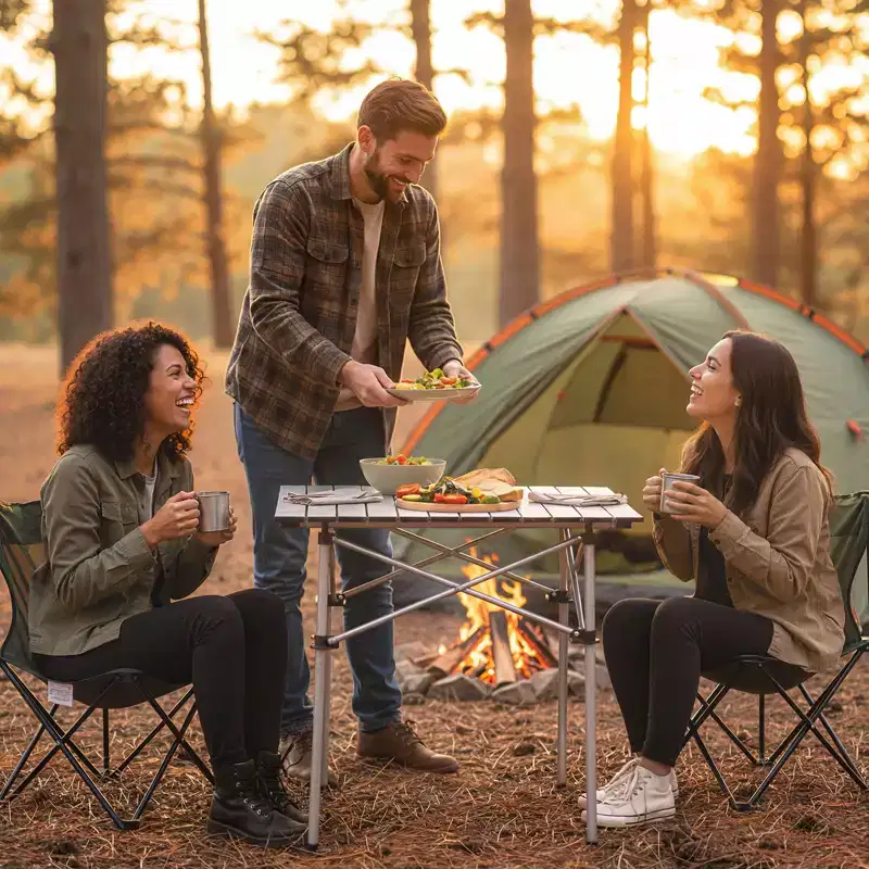 Folding Roll-Up Camping Table – Aluminum Top, Metal Legs, Carry Bag, 150 LB, Silver