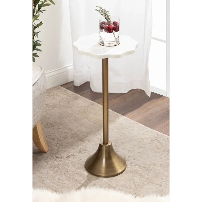 Scalloped Marble & Metal Drink Side Table, Modern Glam Accent Table