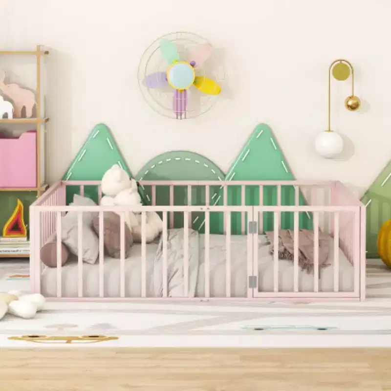 Pink Full-Size Metal Bed Frame with Fence and Door Feature